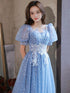 A-line Light Blue Short Sleeves Long Party Dress with Lace Applique, Blue Prom Dress