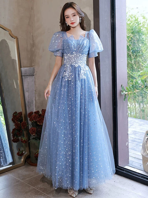 A-line Light Blue Short Sleeves Long Party Dress with Lace Applique, Blue Prom Dress