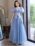 A-line Light Blue Short Sleeves Long Party Dress with Lace Applique, Blue Prom Dress
