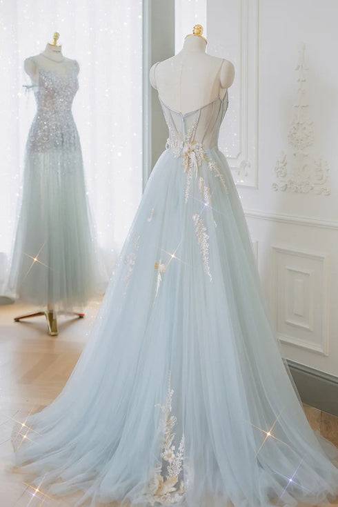 A-line Blue Strapless Lace Formal Prom Dress, Light Blue Sweetheart Party Dress