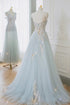 A-line Blue Strapless Lace Formal Prom Dress, Light Blue Sweetheart Party Dress