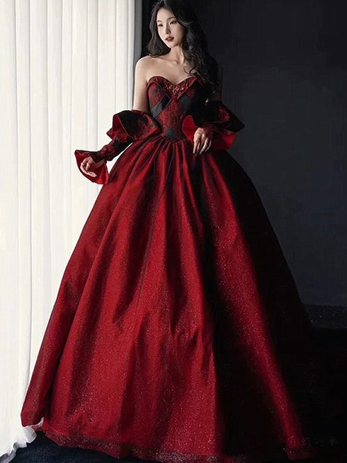Black and Red Long Sleeves Party Dress Evening Dress, Black Wedding Party Dress