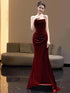 Wine Red Mermaid Velvet Straps Long Party Dress, Wine Red Velvet Evening Dress Prom Dress