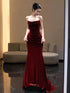 Wine Red Mermaid Velvet Straps Long Party Dress, Wine Red Velvet Evening Dress Prom Dress