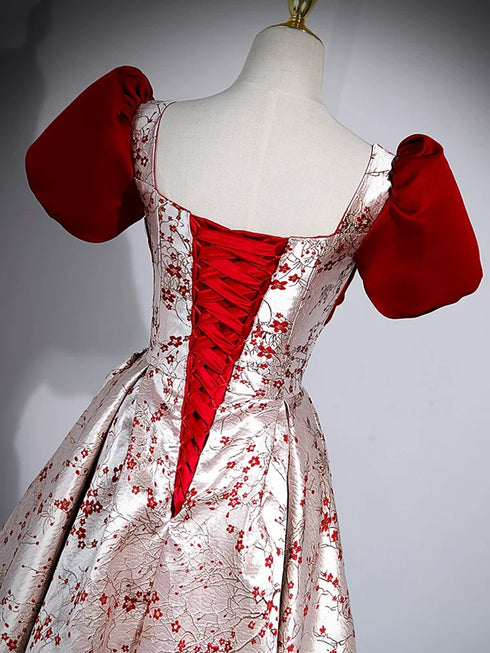 Lovely Satin Short Sleeves Floral Long Party Dress, Sweetheart Satin Prom Dress Evening Dress