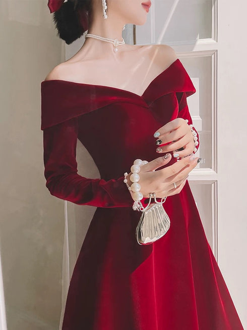 Wine Red Velvet Long Sleeves A-line Evening Dress, Wine Red Velvet Prom Dress