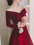 Wine Red Velvet Long Sleeves A-line Evening Dress, Wine Red Velvet Prom Dress