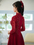 Wine Red Satin A-line Tulle Party Dress with Long Sleeves, Wine Red Satin Prom Dress