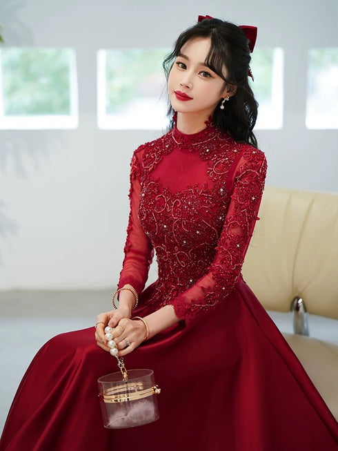 Wine Red Satin A-line Tulle Party Dress with Long Sleeves, Wine Red Satin Prom Dress