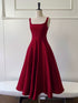 Wine Red Tea Length Straps Formal Dress, Wine Red Scoop Homecoming Dress