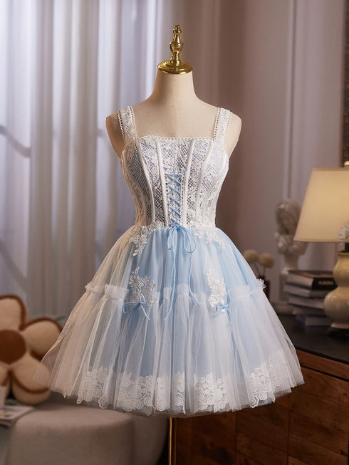 Light Blue Straps Lace and Tulle Knee Length Party Dress, Light Blue Homecoming Dress