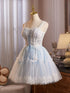 Light Blue Straps Lace and Tulle Knee Length Party Dress, Light Blue Homecoming Dress