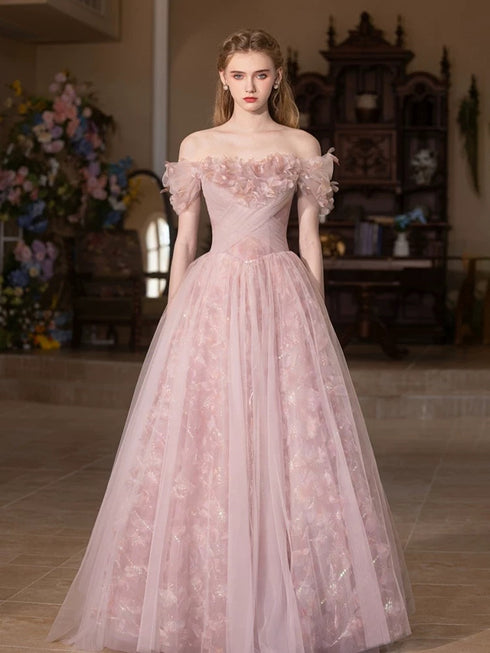 Beautiful Pink Flower Off Shoulder Tulle Prom Dress, A-line Tulle Pink Evening Dress