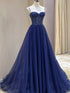 A-line Beaded Dark Blue Straps Tulle Prom Dress, Dark Blue Floor Length Evening Dress
