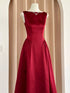 Wine Red Satin Tea Length Wedding Party Dress, Wine Red Satin Party Dress