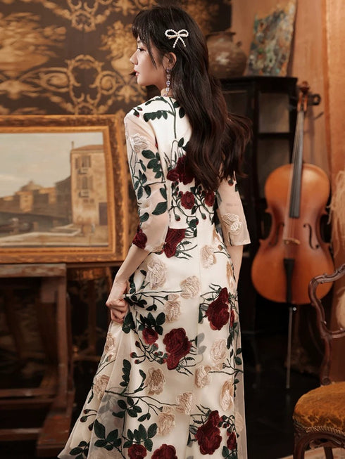 Ivory Floral Tea Length Wedding Party Dress with Sleeves, Ivory Tulle Evening Dress