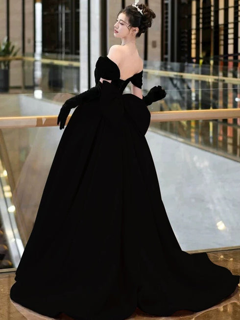 Black Velvet Off Shoulder Low Back Prom Dress with Bow, Black Velvet Evening Dress Party Dress