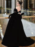 Black Velvet Off Shoulder Low Back Prom Dress with Bow, Black Velvet Evening Dress Party Dress