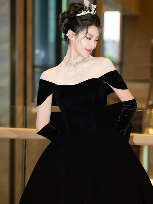 Black Velvet Off Shoulder Low Back Prom Dress with Bow, Black Velvet Evening Dress Party Dress