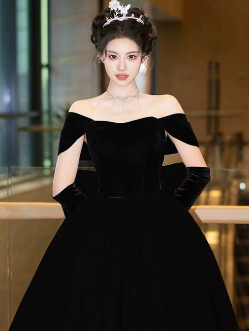 Black Velvet Off Shoulder Low Back Prom Dress with Bow, Black Velvet Evening Dress Party Dress
