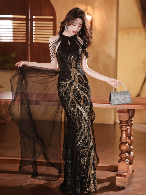 Black Sequins Halter Beaded Floor Length Party Dress, Black Sequins Long Prom Dress