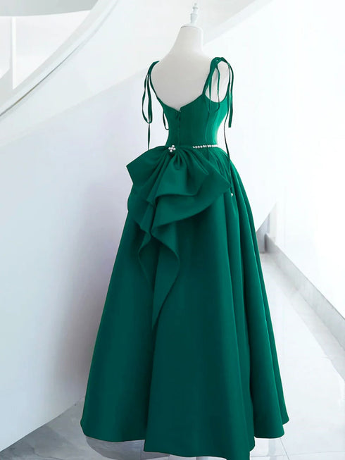 Green Satin Straps Beaded A-line Long Party Dress, Green Satin Evening Dress Prom Dress