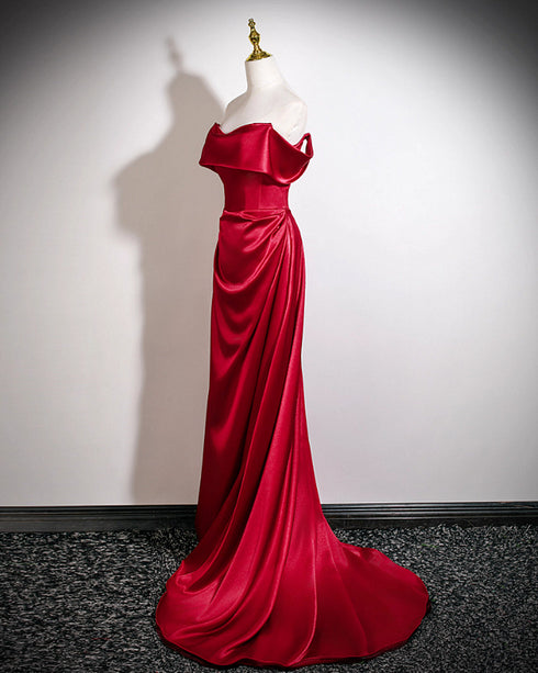 Wine Red Off Shoulder Soft Satin Floor Length Evening Dress, Wine Red Satin Long Prom Dress