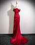 Wine Red Off Shoulder Soft Satin Floor Length Evening Dress, Wine Red Satin Long Prom Dress