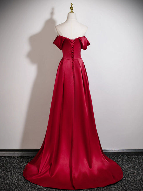 Wine Red Off Shoulder Soft Satin Floor Length Evening Dress, Wine Red Satin Long Prom Dress