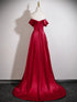 Wine Red Off Shoulder Soft Satin Floor Length Evening Dress, Wine Red Satin Long Prom Dress