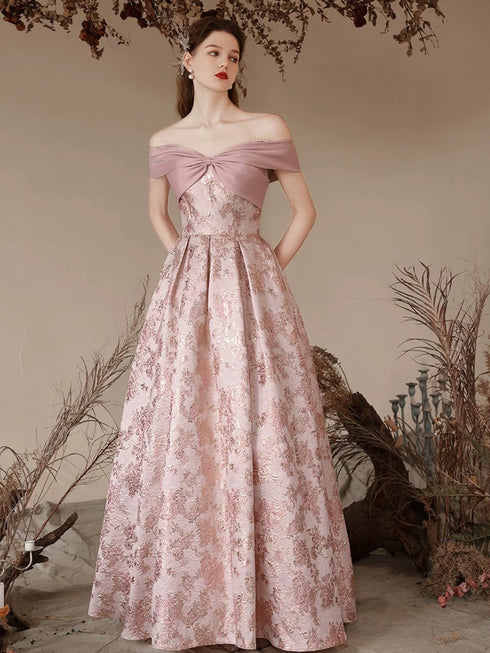 A-line Pink Off Shoulder Sweetheart Floor Length Party Dress, Floral Pink Long Prom Dress