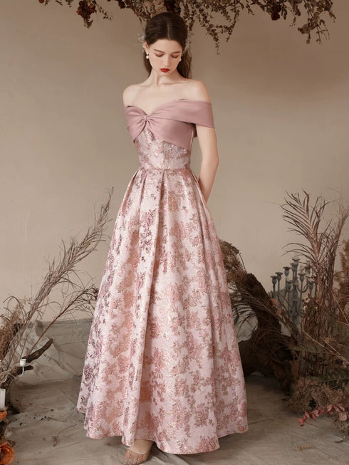 A-line Pink Off Shoulder Sweetheart Floor Length Party Dress, Floral Pink Long Prom Dress