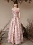 A-line Pink Off Shoulder Sweetheart Floor Length Party Dress, Floral Pink Long Prom Dress