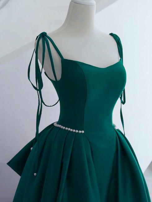 Green Satin Straps Beaded A-line Long Party Dress, Green Satin Evening Dress Prom Dress