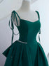 Green Satin Straps Beaded A-line Long Party Dress, Green Satin Evening Dress Prom Dress