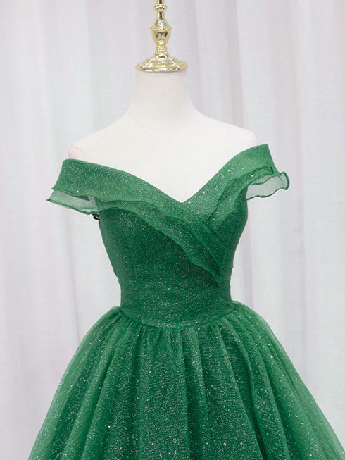 Green Tulle Sweetheart Off Shoulder A-line Prom Dress, Green Tulle Evening Dress