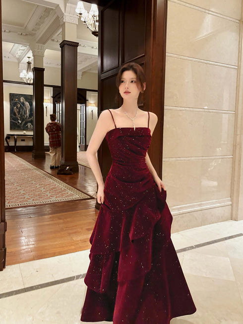 Wine Red Velvet Straps Scoop Long Evening Dress, Wine Red Layers Prom Dress