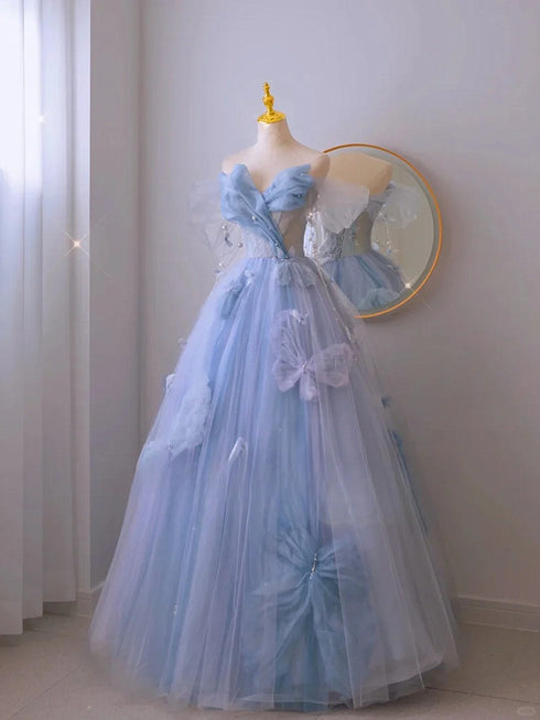 A-line Light Blue Strapless Tulle Long Formal Dress, Light Blue Tulle Evening Gown Prom Dress