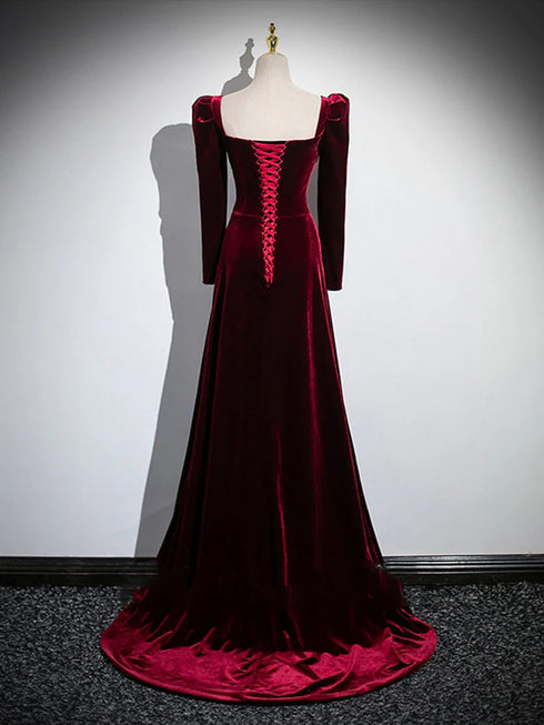 Wine Red Velvet Long Sleeves A-line Wedding Party Dress, Wine Red Velvet Long Prom Dress