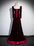 Wine Red Velvet Long Sleeves A-line Wedding Party Dress, Wine Red Velvet Long Prom Dress