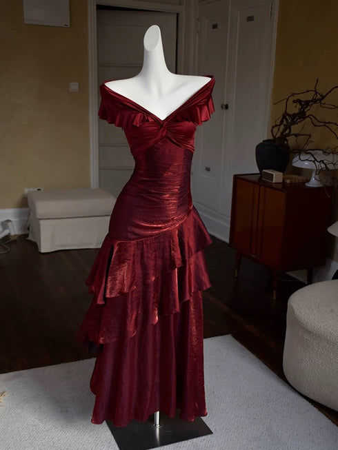 Wine Red Off Shoulder Satin Mermaid Prom Dress, Wine Red Long Formal Dress Evening Dress