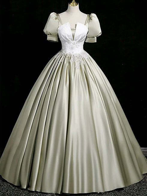 A-line Light Green Satin Short Sleeves Long Formal Dress, Light Green Satin Prom Dress