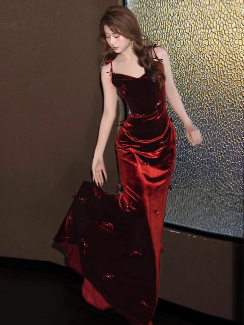 Wine Red Velvet Straps Mermaid Long Evening Dress, Wine Red Velvet Prom Dress