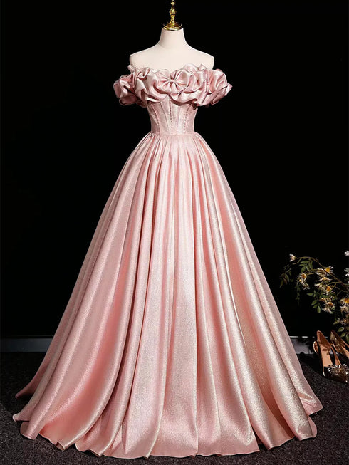 Pink Beaded Off Shoulder A-line Satin Prom Dress, Pink Satin Evening Dress Party Dress