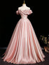 Pink Beaded Off Shoulder A-line Satin Prom Dress, Pink Satin Evening Dress Party Dress