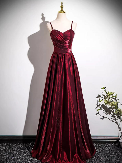 Wine Red Satin Straps A-line Sweetheart Long Formal Dress, Wine Red Satin Prom Dress