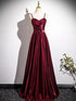 Wine Red Satin Straps A-line Sweetheart Long Formal Dress, Wine Red Satin Prom Dress