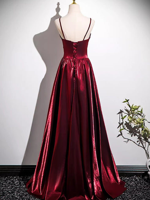 Wine Red Satin Straps A-line Sweetheart Long Formal Dress, Wine Red Satin Prom Dress