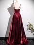 Wine Red Satin Straps A-line Sweetheart Long Formal Dress, Wine Red Satin Prom Dress