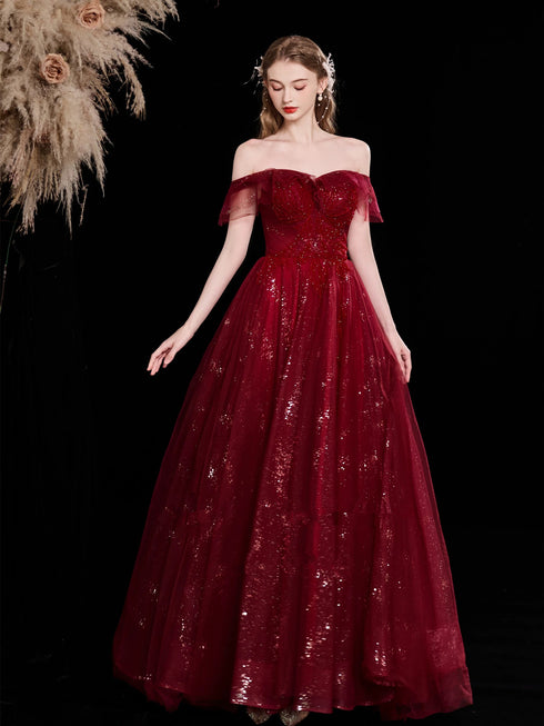 Wine Red Tulle Off Shoulder Sweetheart Party Dress, A-line Wine Red Long Prom Dress